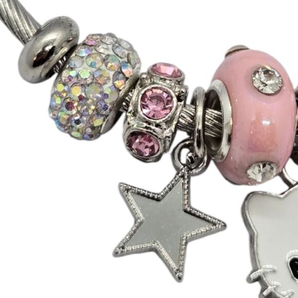 Hello Kitty Beaded Charm Bracelet Pink Rhinestone Silver Heart Bow Cat Jewelry - Picture 6 of 7